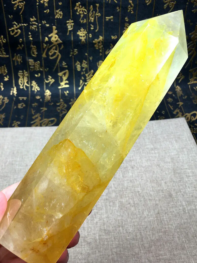 

690g Natural White crystal with yellow stone Crystal Magic Wand Obelisk Point
