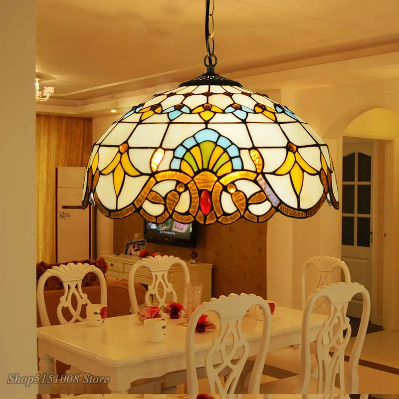 

Baroque Tiffany Pendant lights Stained Glass Chain Lighting Suspended Luminaire for Home Parlor Dining Room Lamps E27 110-240V