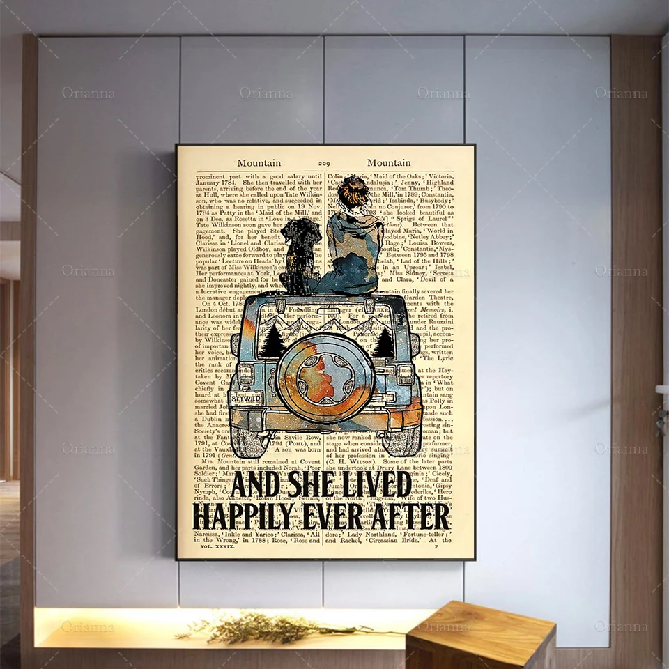 And She Lived Happily Ever After Poster, Girl Loves Dog Art Print, Golden Wall Art, Mountain Poster, Travel Lover Gift,Wall Art