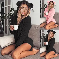 Women Jumpsuits Fleece Pajama Bear Ear Hooded Bodysuit Shorts Winter Warm Tracksuit Streetwear One-piece Sleepwear Plus Size