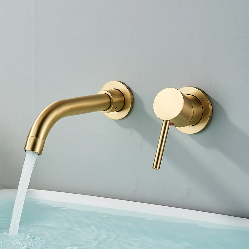 Quyanre Geborsteld Goud Wastafelkraan Verborgen Wandmontage Kraan Kraan 360 Rotatie Enkele Handgreep Warm Koud Water Bad Mengkraan