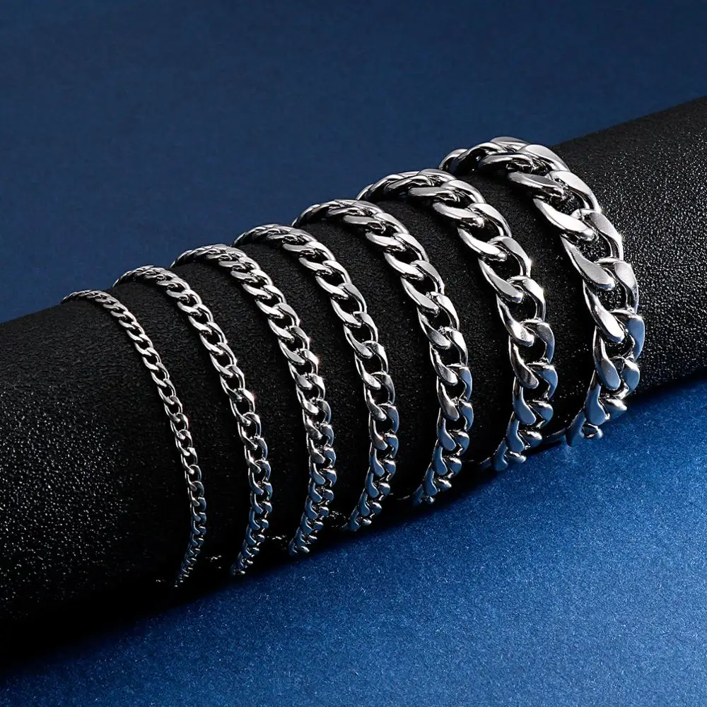 3/4/5/6/8/9/11mm Stainless Steel Classic Cuban Curb Chain Bracelet Men Male Cool High Quality Never Fade