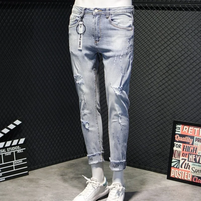 

Blue Light Vintage Korean Skinny Hole Ripped Jeans Mens Fashion Tassel Ankle-Length Trousers Casual Street Denim Pencil Pants