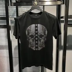 M-5XL Skull Rhinestones T Shirts Men Summer top tees O Neck Slim fit Tshirts high quality