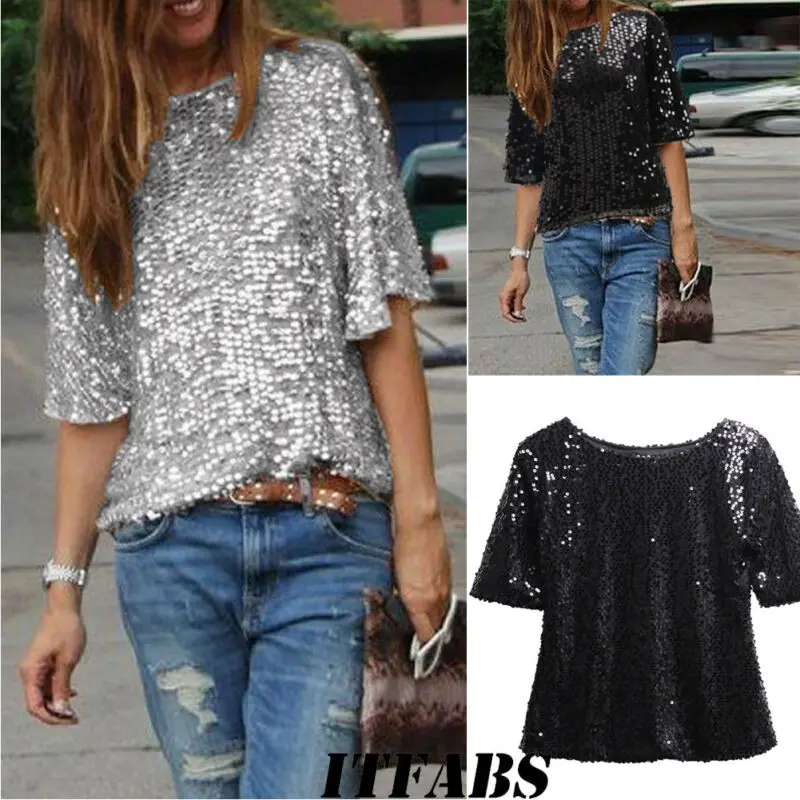 Hot Ladies Sloping Shoulder Glistening Sequin Stylish Chic Slim Shirt Top Shirt Loose Soft Casual Women T Shirts tee shirt femme