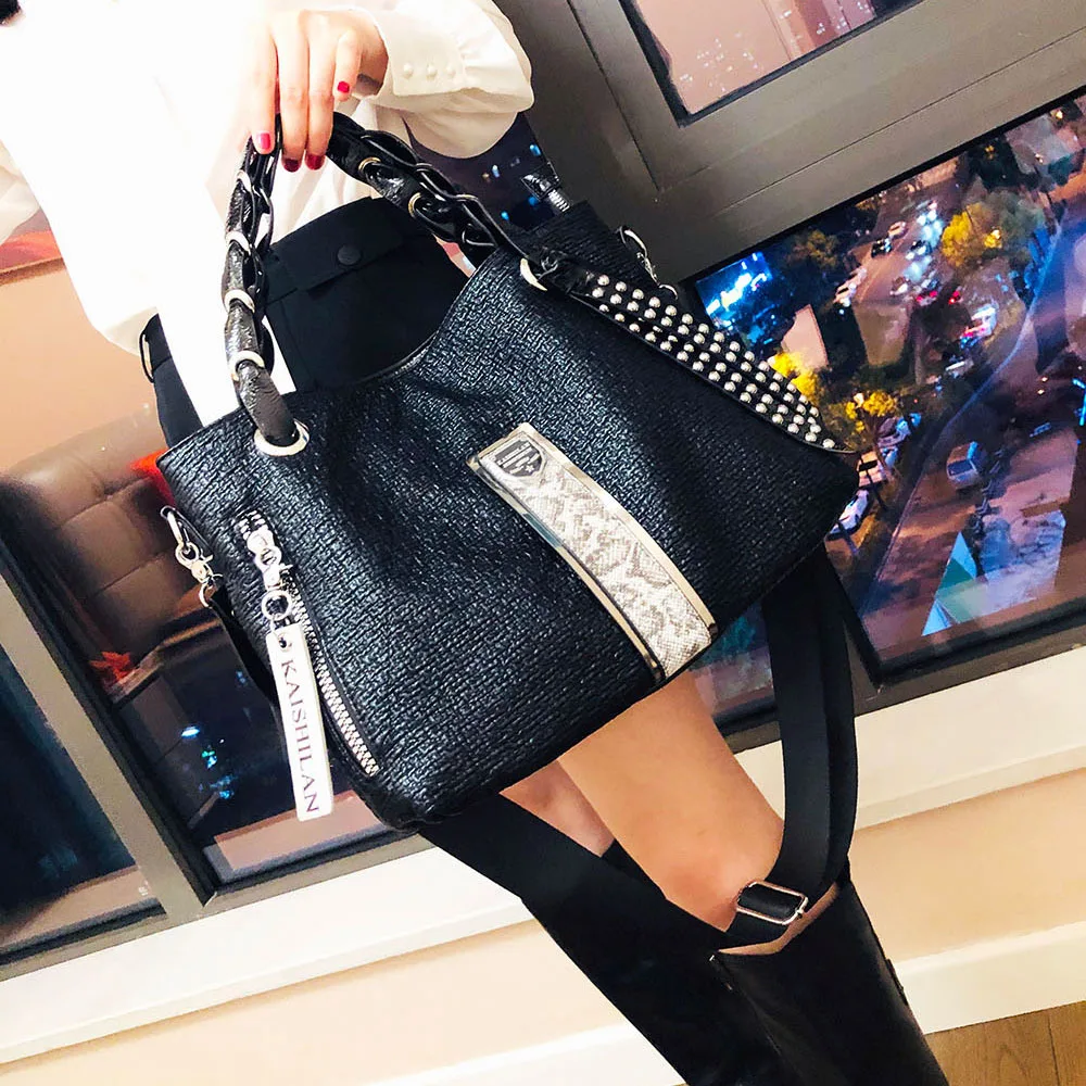 Lady Premium PU Leather Roomy Work Tote Bag Female Trends Rivet Pebbled Leather Big Size Office Everyday Slouchy Shoulder Bag