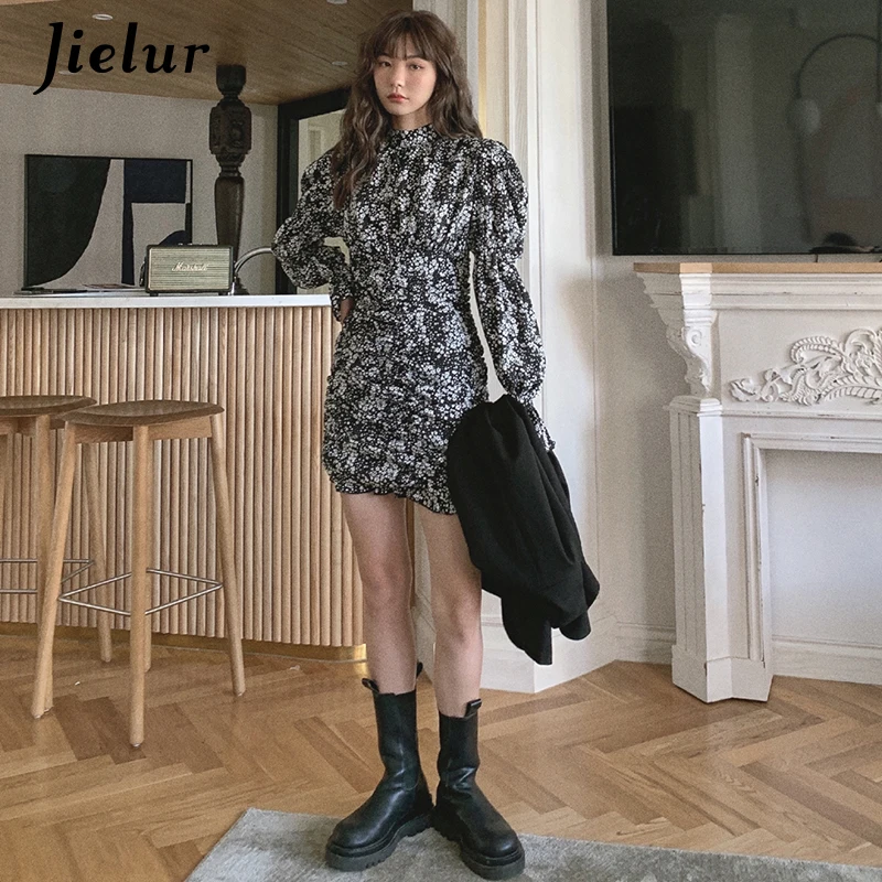 Jielur Retro Women Dress New Floral Turtleneck Sexy Apricot Black Dress Spring Elegant Lady Long-Sleeved Mini Dresses Female S-L