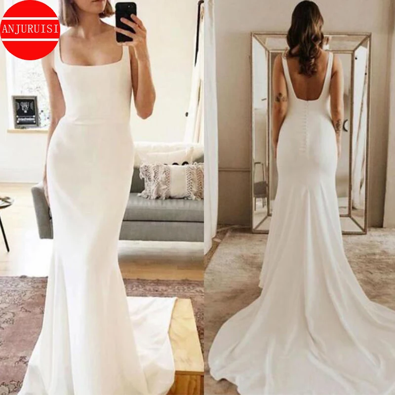 Square Collar Wedding Dress Mermaid White Chiffon Vestido De Novia 2022 Sexy Back Less Bride Gown Robe Mariage Boda Trouwjurk