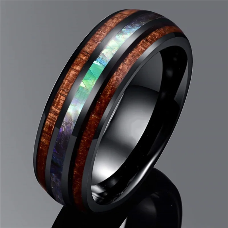 Men Rings Black Tungsten Carbide Rings Inlay Wood Abalone Shell Anniversary Engagement Wedding Band Men Jewelry