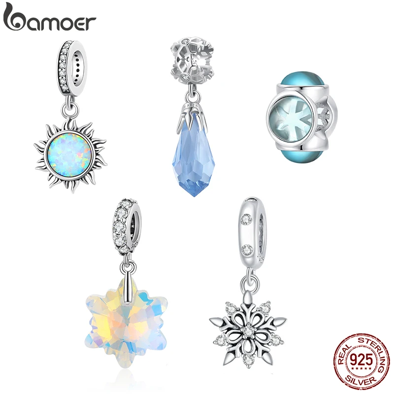 bamoer 925 Sterling Silver Blue Snowflake Spacer Charm Frozen Ice Crystal Opal Sun Pendant for Bracelet Women Fashion Jewelry