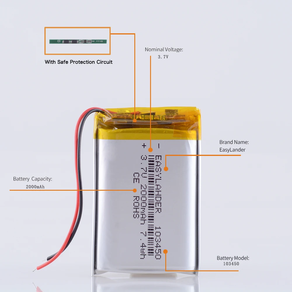 303450 403450 603450 703450 803450 903450 3.7V 2000mAh 103450 Rechargeable Lithium Li-ion Polymer Battery Lipo Batteries