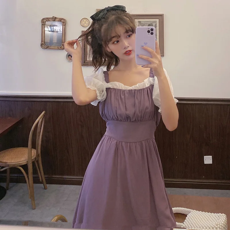 Puff Sleeve Color Matching Slimming Platycodon Grandiflorum Skirt Fashion 2020 Summer New Square Collar  sweet lolita dress