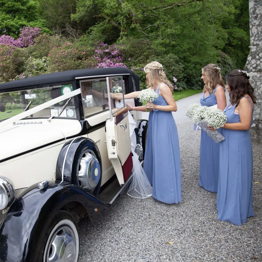 Biru Gaun Bridesmaid Sederhana Tanpa Lengan Backless A-Line Panjang Lantai Elegan Formal Pernikahan Gaun Malam Jubah Dibuat Baru