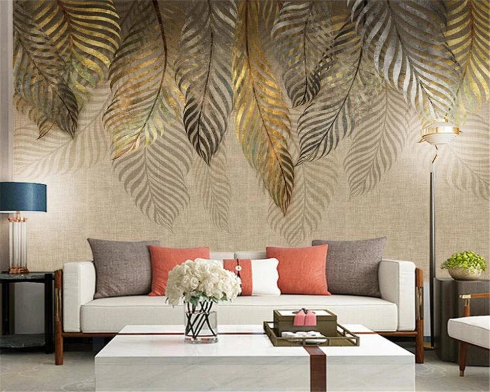 

Customizable size wallpaper, golden palm leaf fabric patterned mural, home decoration leaf hanging painting 3d wallpaper murals