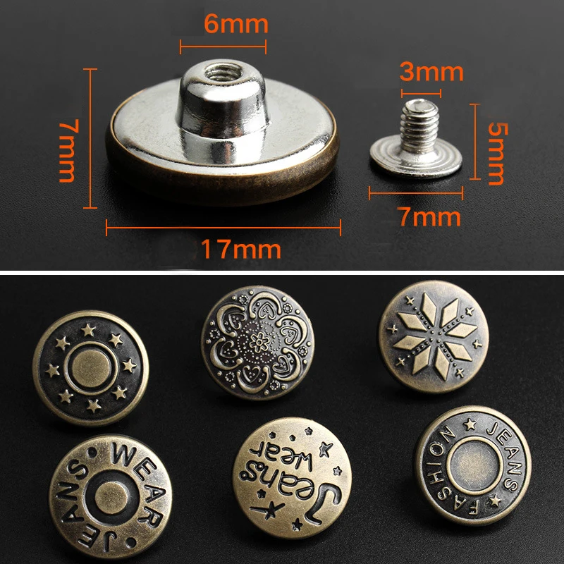 10PCs Screw Bronze Metal Buttons for Clothing Pants Jeans Perfect Fit for Waist Adjust No Nail Metal Jean Buttons w/ Screwdriver