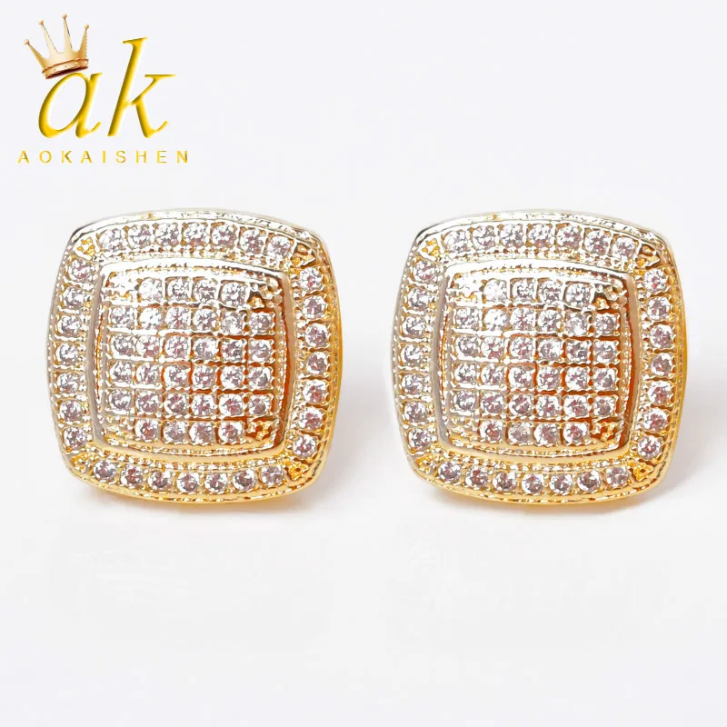 12MM Stud Earrings for Women Square Charms Screw Back Full Zircon Real Gold Plated Fashion Hip Hop Jewelry