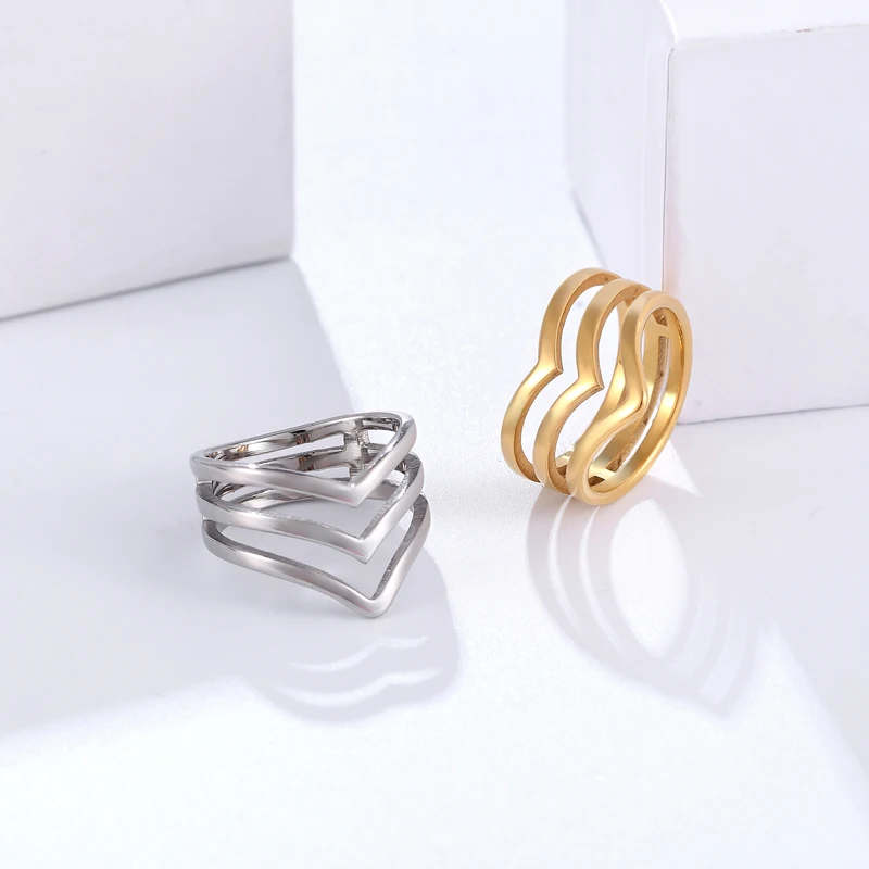 Top Quality Inside And Outside Polished Three V Shape Ring For Women Titanium Steel Jewelry Gold Color Ring Wholesale