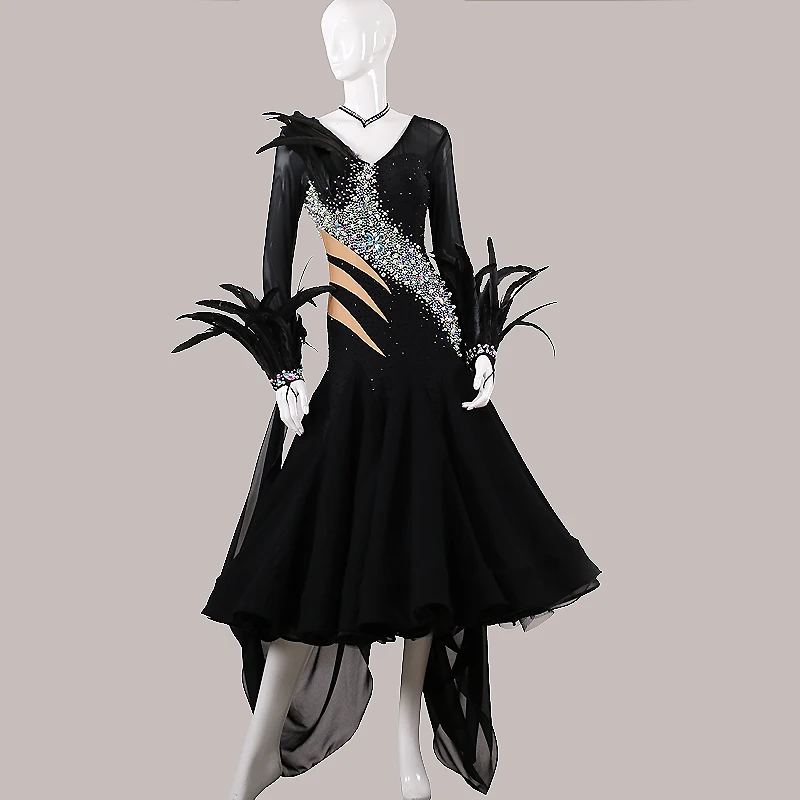 Ballroom Dance Dress New Competition Dress Black Pendulum Set Diamond Waist Show Thin Feather Modern Ballroom Dance Dress