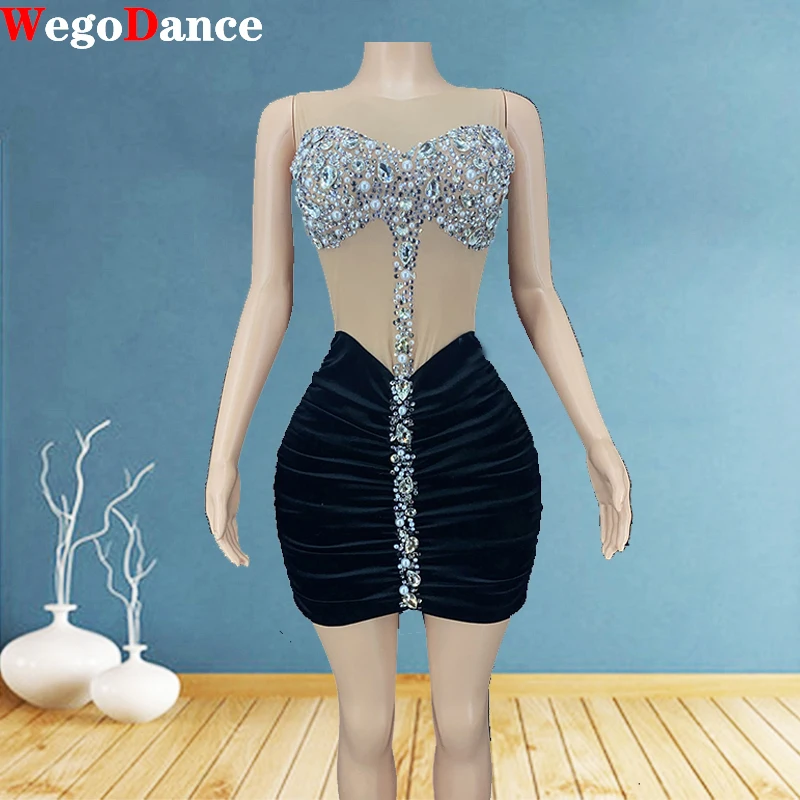 

Women Sexy Flashing Mesh Crystals Rhinstones Transparent Short Dress Evening Birthday Stretch Dance Dresses