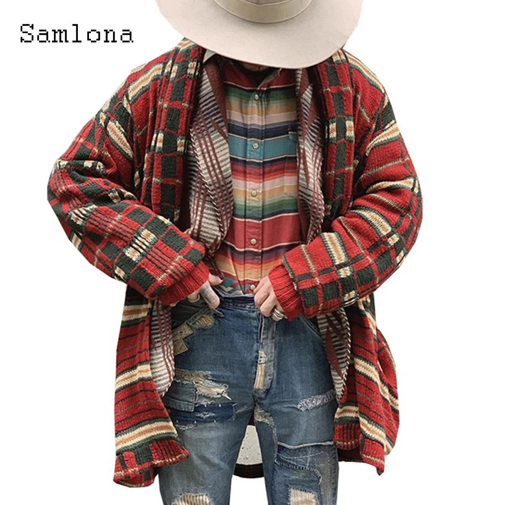 Samlona Plus Size Men Autumn New Knitting Sweaters Winter Warm Coats Mens Patchwork Top Long Cardigans Open Stitch Sweater 2023