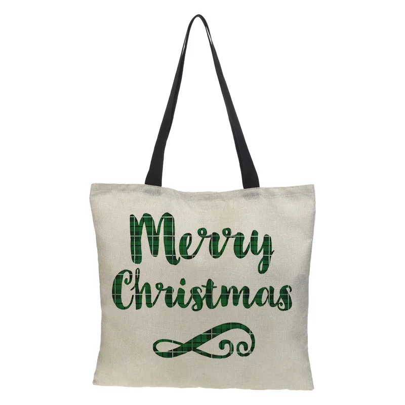 Christmas Canvas Bag Shoulder Bag Plaid Ladies Shopping Bags Fabric Grocery Handbags Letter Print Tote Books Bag Girls Gift Bag