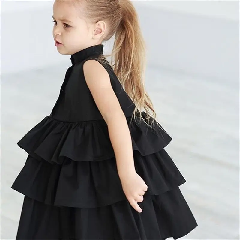 Summer Cute Black Green Ball Gown Girls Dresses Kid Girl Party Dress Sleeveless O Neck Cake Ruffled Tutu Bubble Dress 2-6 Years