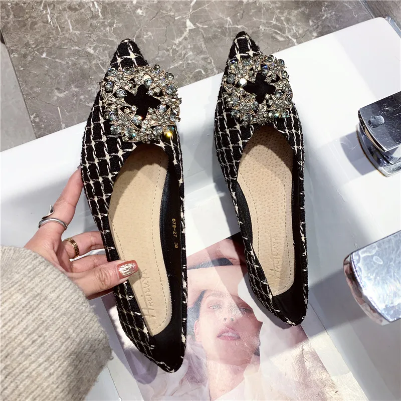 Flat Shoes for Women Spring Black Women Flats Pointed Toe Rhinestone Large Size 43 44 45 46 Diamond Plaid Check Zapatillas Mujer