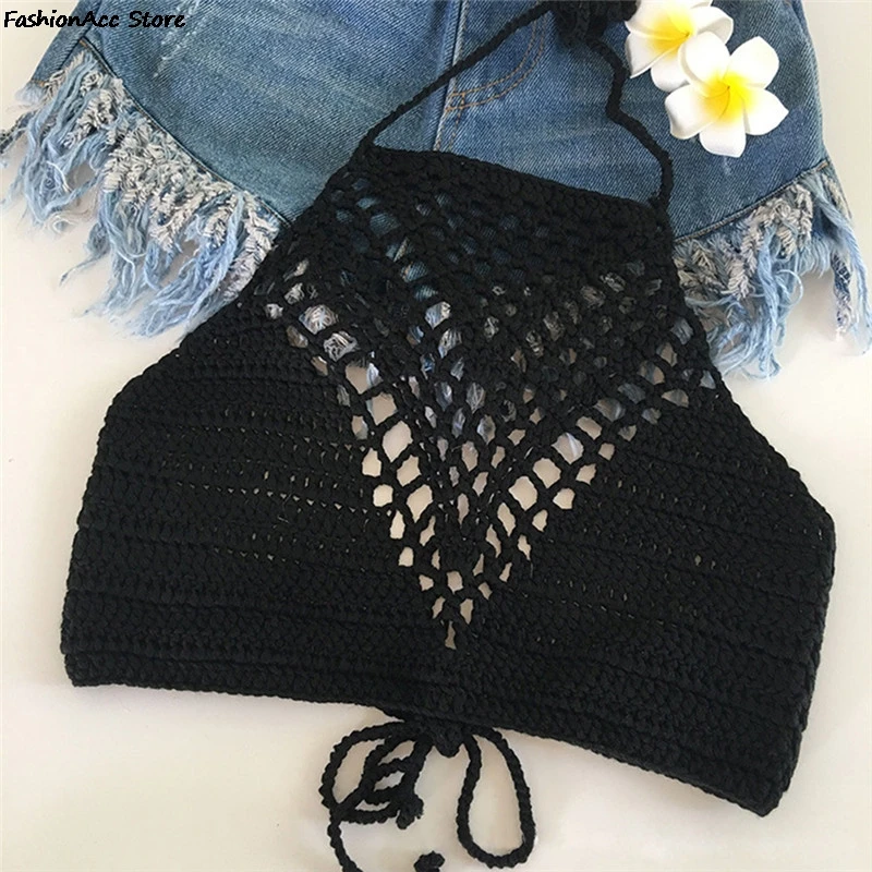 2022 Crochet Knit Bikini Bra Beach Summer Short Vest Sexy Hollow Out Female Swimwear Solid Bikini