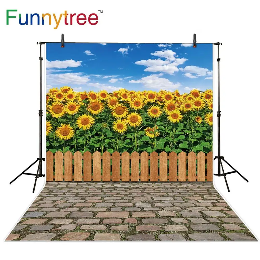 

Funnytree Photography Backdrop Sunflower Field Fence Brick Floor Blue Sky Cloud Background Photophone Baby Wedding Photo Studio