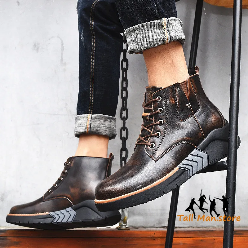 Men Boots Elevator Booster Shoes Height  Increase  Insole 7cm Leather Man Motorcycle  Winter Fashion