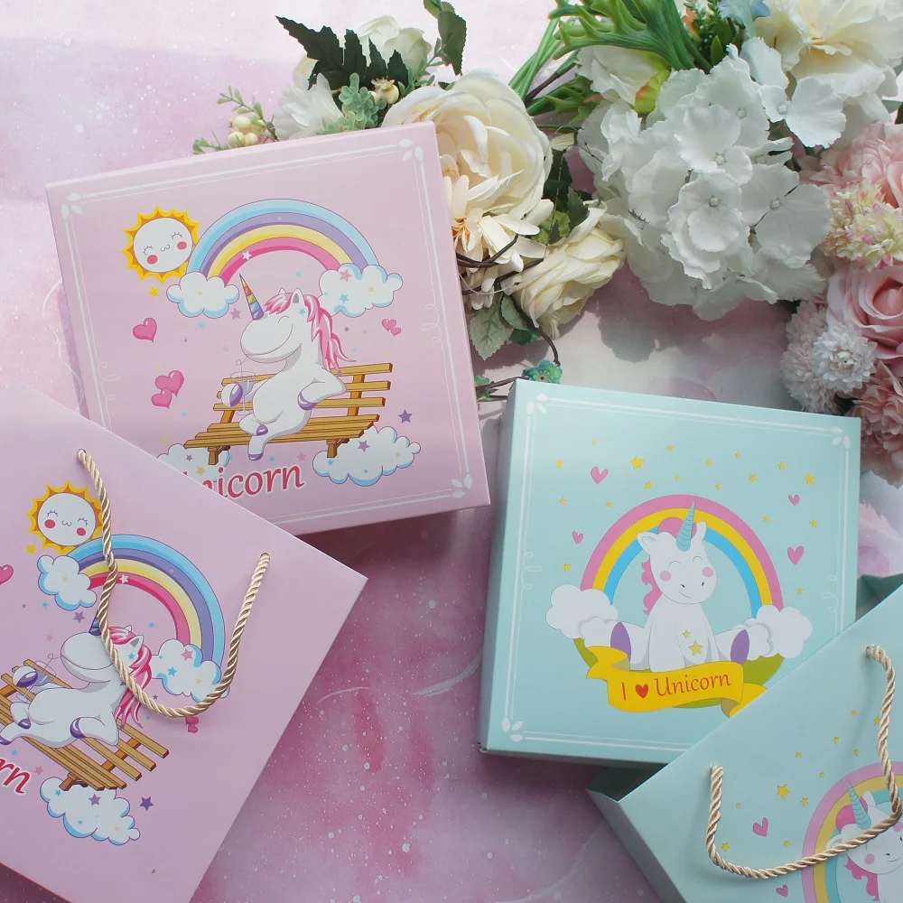 

18.5*18.5*6cm 3set Blue Pink Smiling Unicorn Design Paper Box + Bag As Cookie Candy Handmade Sweet Baby Shower Birthday Gift Use