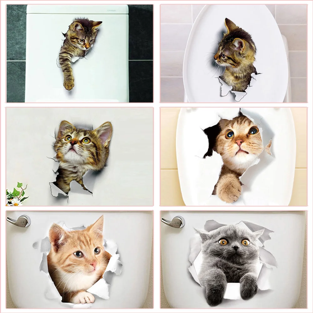 

Funny Cat Pattern Toilet Stickers For Wc Wash Room Home Decoration Diy Vivid 3d Animal Wall Decals Pvc Mural Art