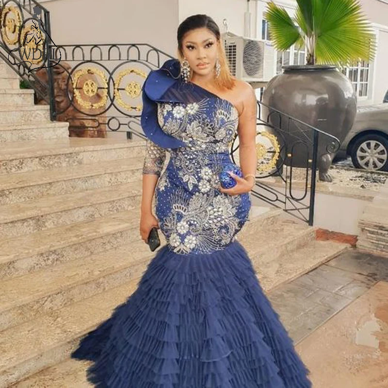 Aso Ebi Navy Blue One Shoulder Evening Dresses Plus Size Lace Beading African Tiers Skirt Formal Prom Dress Long Party Gown 2025