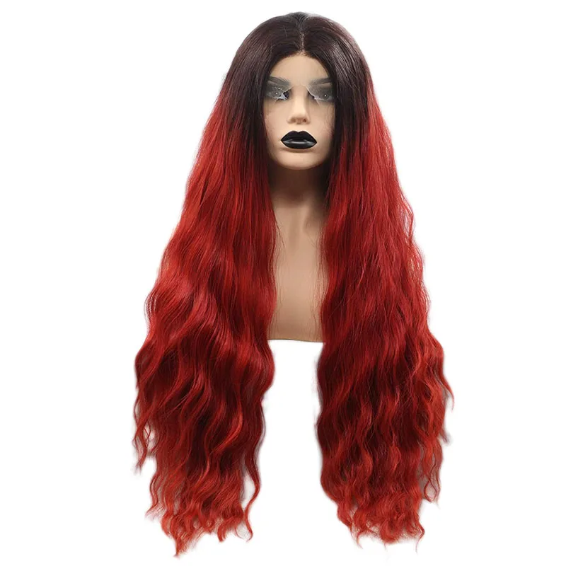 Best Ombre Red Synthetic Lace Front Wigs for Women Middle Part Dark Red 2 Show Dark Roots Long Wavy Frontal Lace Wig Heat Fiber