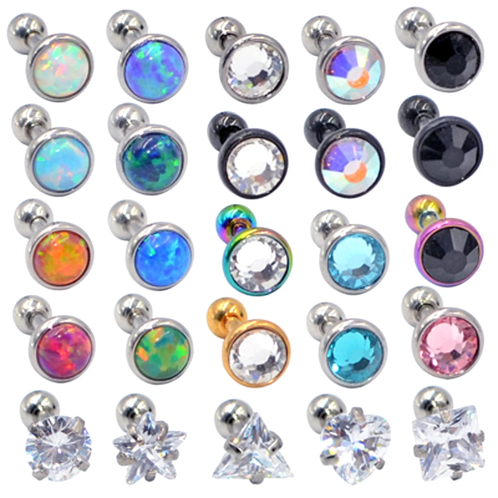 2PCS Surgical Steel Zircon Ear Tragus Helix Cartilage Opal Top Upper Ear Earring Stud Labret  Fashion Piercing Body Jewelry 16g
