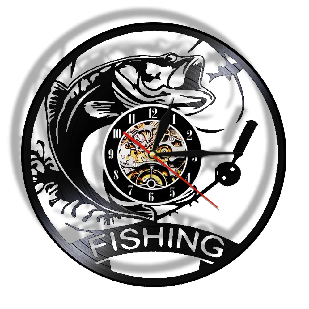 Fishing Wall Clock Made Of Real Vinyl Record Mechanical Fish LED Nightlight Lamp Modern Kitchen Watch Angling Fisherman Gift