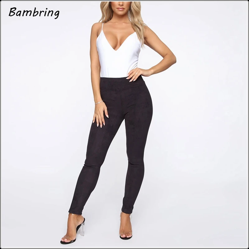 Black Casual Faux Suede Leather Trousers Winter Women Seamless Fitness Leggings Office Lady Autumn Sexy High Waist Pants Custom