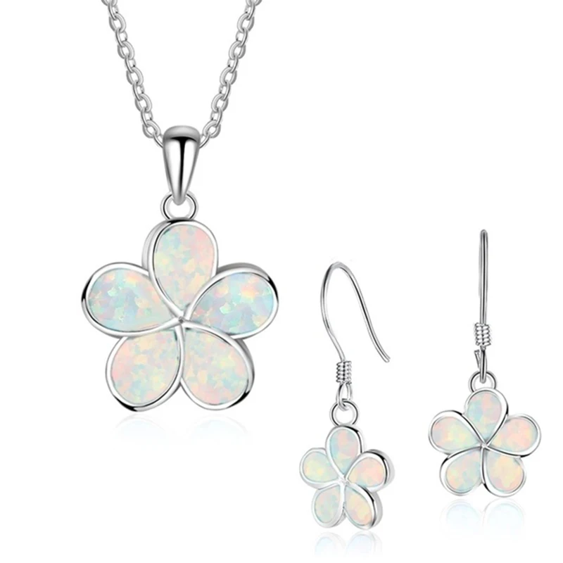 Fashion Flower Imitation Blue Fire Opal Plant Pendant Necklace Earrings For Women Wedding Jewelry Accessories Set Drop shipping