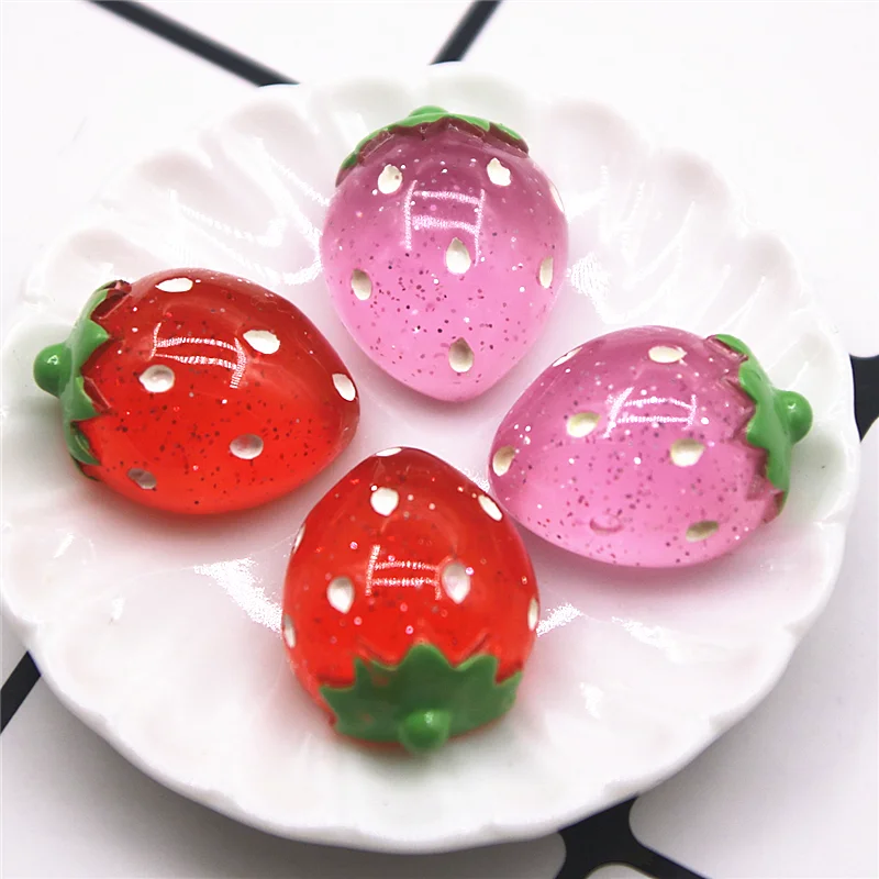 10pcs Shiny Strawberry Fruit Resin Flat back Cabochon Miniature Food Art Supply Decoration Charm Craft 14x19mm