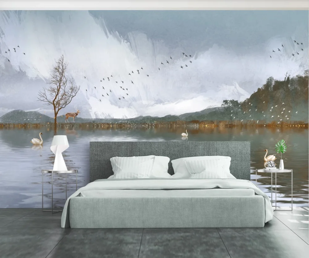 Custom mural wallpaper 3D abstract landscape style swan bird artistic conception bedroom living room background wall