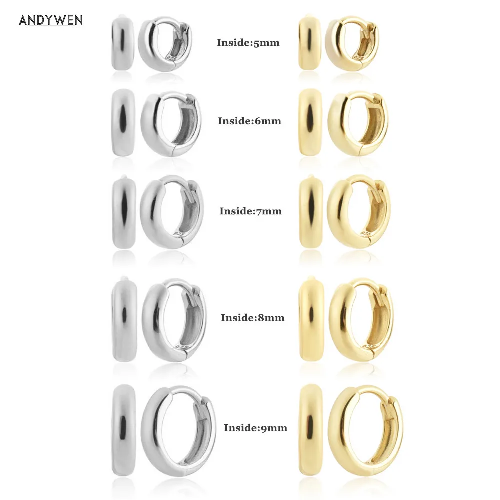 

ANDYWEN 925 Sterling Silver Gold 3.5mmThick 5mm to 9 mm Circle Huggies Piercing Clip Circle Pendientes Hoop Earring Wedding Gift