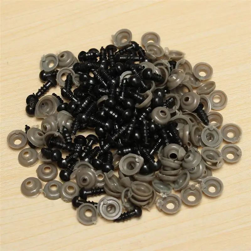 Ojos de seguridad de plástico negro para muñecas, Ojos de piezas para juguetes de 6mm, 8mm, 9mm, 10mm, 12mm y 14mm, 100