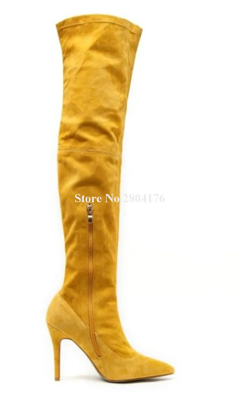 Women Sexy Pointed Toe Suede Leather Stiletto Heel Over Knee Boots Yellow Pink Blue Slim Long High Heel Boots Big Size Heels