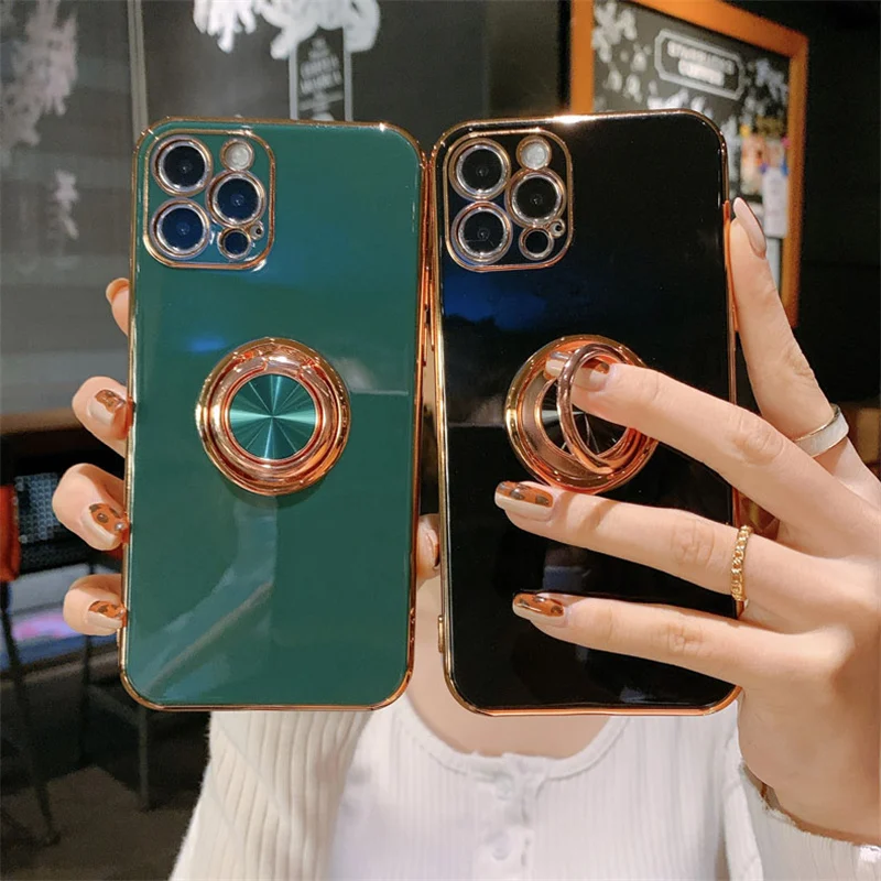 Funda con soporte para teléfono para iphone 16 16Pro, funda con soporte chapado en anillo para iphone 15 14 Pro 12 13 15Pro Max 14pro, funda a prueba de golpes