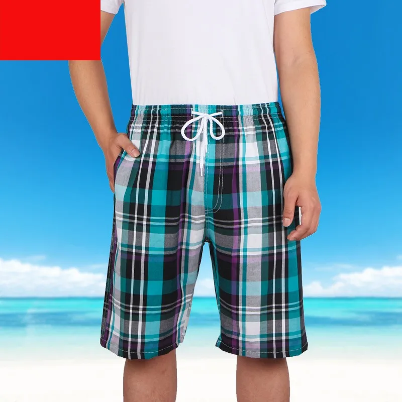 2024 Summer Men 100% Cotton Home Sleep Bottoms Male Beach Shorts Board Shorts Casual Plaid Pajama Half Pants Swimming Shorts