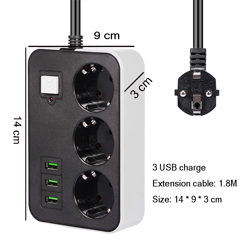 EU Power Socket With USB For Home ,3 Usb EU Socket plug Smart LED ON/OFF 16A Outlet 220v korea 1.8M Extension Cord