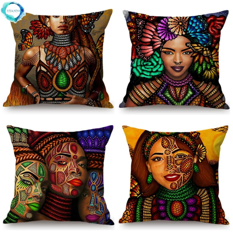 

African Queen Girl Face Art Painting Cushion Cover Cotton Linen Exotic Ethnic Style Decorative Sofa Throw Pillow Case 45X45CM