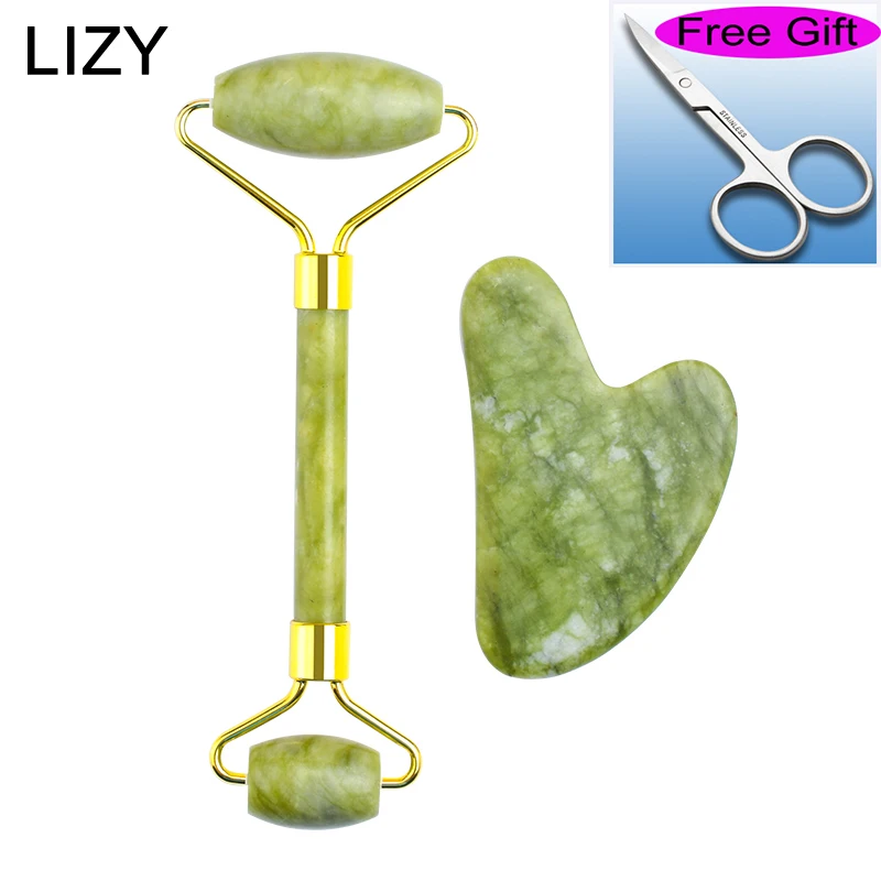 LIZY Xiuyan Jade Facial Roller Eye Massager Guasha Board Double Heads Natural Jade Roller Face Lift Body Massager Tools