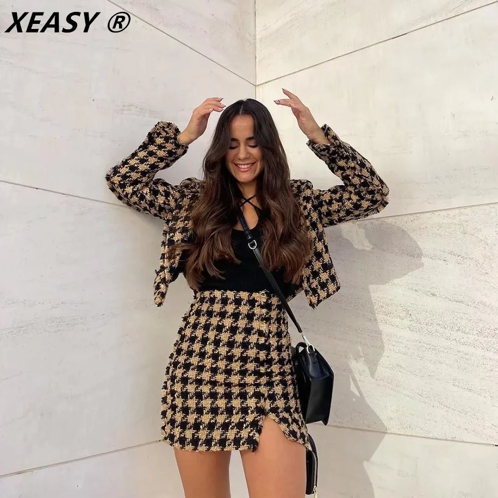 XEASY 2021 Tweed Two pieces set Women Yellow Vintage V Neck Long Sleeve Office Lady slim Blazer Coat Female Hight Waist ​skirt s