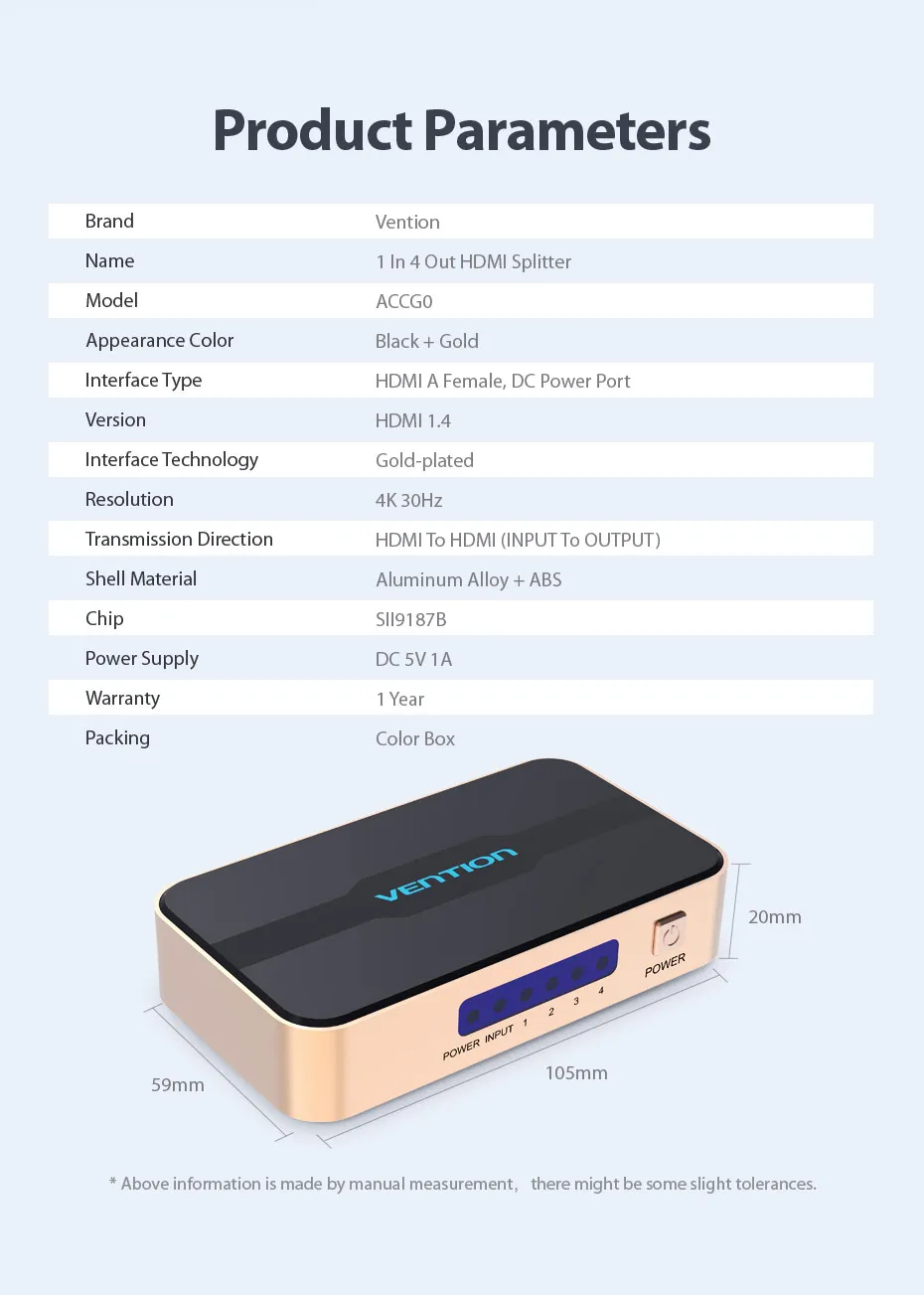 Tions HDMI Splitter 1 In 4 Out HD 4K/30Hz HDMI Schalter HDMI 1,4 1x2 1x4 Adapter Mit Netzteil für Xbox PS4 TV HDMI Switcher – Detail 16